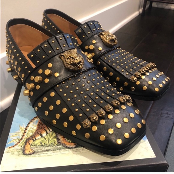 Gucci Other - Gucci Tiger leather loafers gold-tone studded NEW